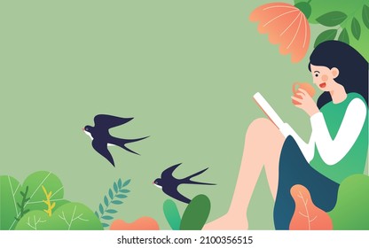 A woman reading in front of a window in a sunny room.Holiday interior illustration