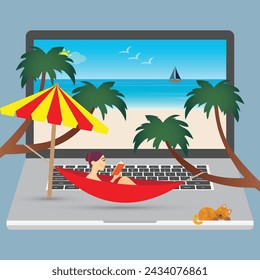 Woman reading in a hammock on a laptop with a sea landscape on screen