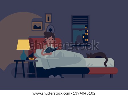 Woman reading in her bed before she go to sleep with bedside lamp turned on and sleeping cat next to her. Flat design vector illustration on reading before bed