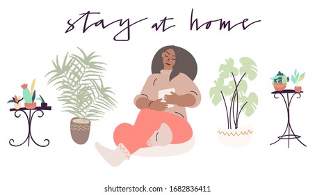 Woman reading from her tablet while staying at home for quarantine. Vector art in minimal style. Handwritten phrase.