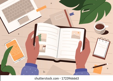 Mujer leyendo en casa. Character Sitting at Desk, Look at Open Book and Studing with Smartphone, Laptops and Making Notes. Concepto de lectura y educación. Ilustración de vectores planos de dibujos animados.