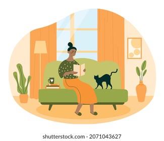 Woman reading at home. Character sitting on couch or sofa next to cat. Pets, animal care. Hobby, entertainment, education, knowledge, selfdevelopment, literature. Cartoon flat vector illustration