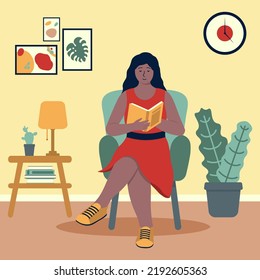 Woman Is Reading At Home Cozy Interior With Chair Vector Illustration In Flat Style