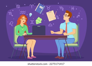 Woman reading horoscope vector illustration. Man asking for prediction when changing job. Office worker at desk with laptop and zodiac signs on purple background. Astrology, fortune telling concept