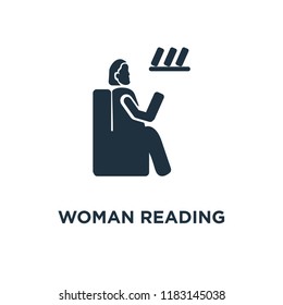 Woman Reading icon. Black filled vector illustration. Woman Reading symbol on white background. Can be used in web and mobile.
