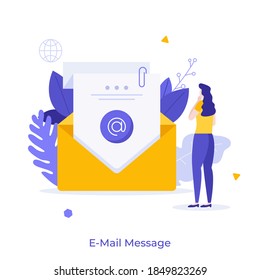 Woman reading incoming electronic letter in envelope. Concept of e-mail, internet message, online communication, digital correspondence. Modern flat colorful vector illustration for poster, banner.