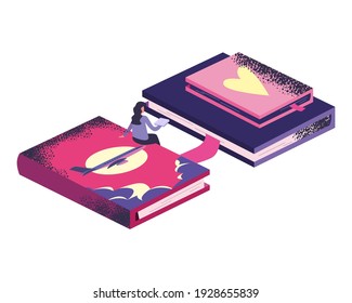 woman reading with isometric books design, Education literature and read theme Vector illustration