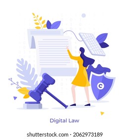 Woman reading legal document, shield with copyright symbol, gavel. Concept of digital law, smart contract, electronic licence, rights protection. Modern flat vector illustration for banner, poster.