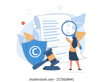 Mujer leyendo documento legal, escudo con símbolo de derechos de autor, gavel. Concepto de derecho digital, contrato inteligente, licencia electrónica, protección de derechos. Ilustración vectorial plana moderna para pancarta, afiche.