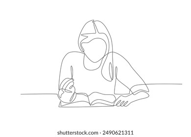 Woman reading a lesson. Homework concept one-line drawing