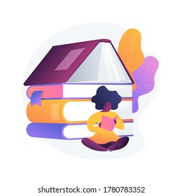 Woman reading in library. Stack of books. Sitting rest, useful leisure, smart hobby. Hardcover encyclopedia. Academic literature. Bookstore collection. Vector isolated concept metaphor illustration.