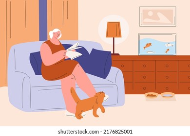 Woman reading in living room. Grandmother sitting at sofa read newspaper and big red cat rubs against legs. Cozy evening at home vector illustration