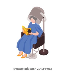 Woman reading magazine while drying her hair in beauty salon isometric icon vector illustration