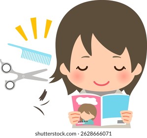 A woman reading a magazine while getting her hair cut