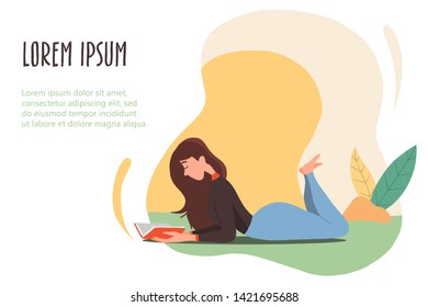 Woman reading in nature. Vector banner in trendy flat linear style