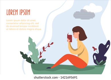 Woman reading in nature. Vector banner in trendy flat linear style