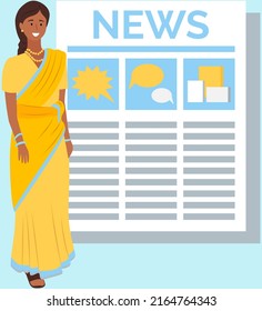 Woman reading news in classic newspaper. Young cartoon style Indian woman in traditional clothes and gazette. Female character correspondent dressed in costume sari standing next to big news paper