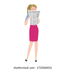 Woman Reading News, Newspaper. Vector Illustraion On White Background, Isolated. The Latest, World, Local, Positive And Negative News, Update. Gossip, Paper Daily, Weekly Emergency, Press, Mass-media.