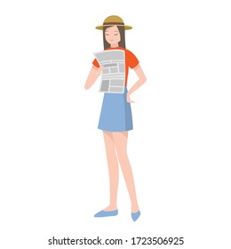 Woman Reading News, Newspaper. Vector Illustraion On White Background, Isolated. The Latest, World, Local, Positive And Negative News, Update. Gossip, Paper Daily, Weekly Emergency, Press, Mass-media.