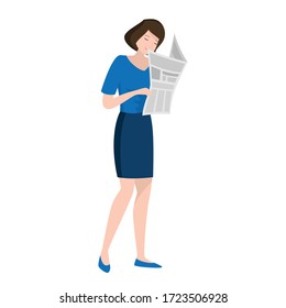 Woman Reading News, Newspaper. Vector Illustraion On White Background, Isolated. The Latest, World, Local, Positive And Negative News, Update. Gossip, Paper Daily, Weekly Emergency, Press, Mass-media.