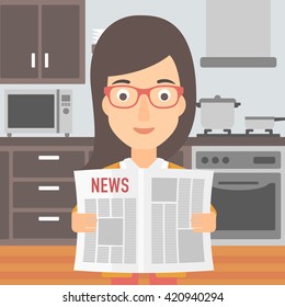 Woman reading newspaper.