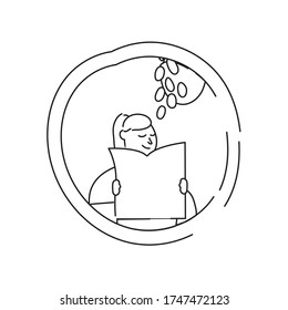 woman reading newspaper in apartment window for quarantine line style vector illustration design