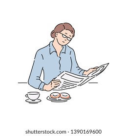 Woman reading newspaper article, adult businesswoman with glasses does sit and read news during breakfast, hand drawn cartoon comic character isolated vector illustration on white background