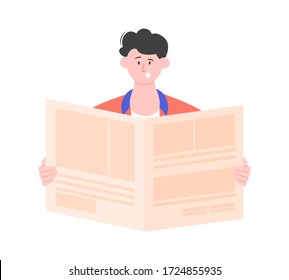 Woman Is Reading A Newspaper. The Character Is Surprised And Shocked. Global And Local News. Vector Flat Illustration.