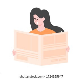 Woman Is Reading A Newspaper. The Character Is Surprised And Shocked. Global And Local News. Vector Flat Illustration.