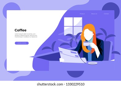 the woman is reading a newspaper and holding a glass in front of a window and table - All elements on this template are editable with vector software