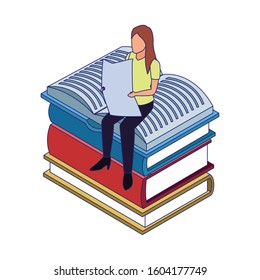 woman reading a newspaper sitting on books over white background, vector illustration