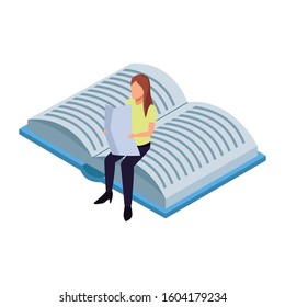 woman reading a newspaper sitting on a book over white background, vector illustration