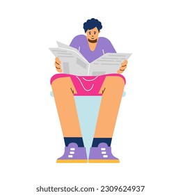 Mujer leyendo el periódico mientras está sentada en el tazón del baño, ilustración plana vectorial aislada de fondo blanco. La persona se sienta en el asiento del inodoro con una revista. Papeleo de caracteres.
