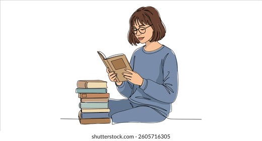 woman reading a novel next to stack of books continuous single line art drawing sketch on white background