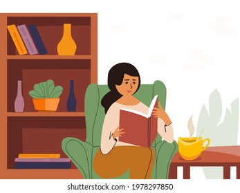 Woman reading on armchair vector illustration.