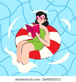 Uma Mulher Lendo Em Uma Ilustração Plana De Vetor De Piscina