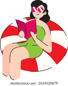Eine Frau, die auf einem Pool liest, Vektorgrafik, flach