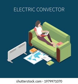 Woman reading on sofa with electric convector heating room 3d isometric vector illustration