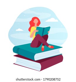 Woman reading on stack of books. Student girl doing homework flat vector illustration. Education, literature, library, knowledge concept for banner, website design or landing web page