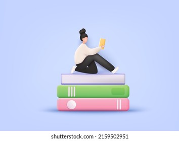 Woman reading a open book. Stack of colored books. Pile of books. Hardback books composition. 3D Web Vector Illustrations.
