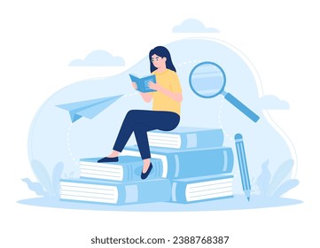 woman reading outdoors trending concept flat illustration