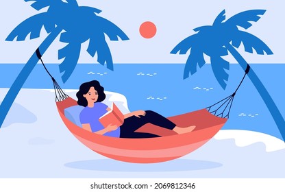 Mujer leyendo un libro de papel en la hamaca de la playa de arena de verano. Niña relajante bajo palmeras ilustración vectorial plana. Vacaciones de viaje, concepto de turismo para banner, diseño de sitios web o página web de aterrizaje