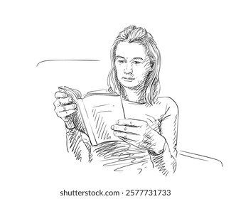 Woman reading paper book hand drawn illustration, Portrait of adult woman with serious face expression and long hair holding an open book in her hands, Vector sketch