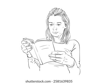 Woman reading paper book hand drawn vector sketch, Portrait of adult woman with serious face and long hair holding an open book in her hands