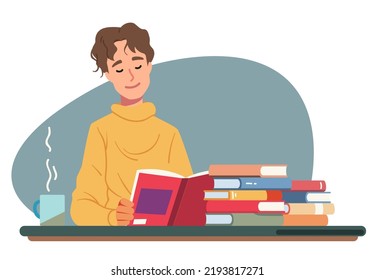 Woman reading paper book at home table with coffee cup. Relaxed reader person cartoon character enjoying literature, studying. Knowledge, education, leisure entertainment flat vector illustration