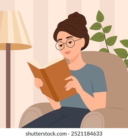 Woman reading paper book at home. Relaxed person sitting on comfortable chair. Literature, knowledge, education, leisure entertainment flat vector illustration