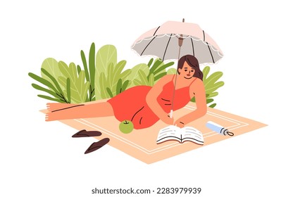 Frauen lesen ein Buch in der Natur. Junge Mädchen, die sich im Freien entspannen, auf einer Decke unter dem Regenschirm liegen und Fiktion Literatur im Sommerurlaub genießen. Flache Vektorgrafik einzeln auf weißem Hintergrund