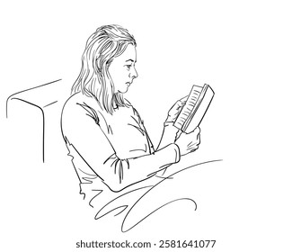 Woman reading paper book seating comfortable under blunket, Hand drawn illustration, Adult woman with serious face and long hair holding an open book in her hands view from side, Vector sketch