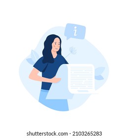 Woman reading paper document and speech bubble with info sign. Concept of professional guide, manual or instruction, counselor providing information. Modern flat vector illustration for banner.