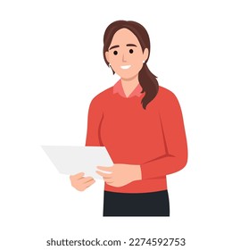 Woman reading paper document and speech bubble with info sign. Concept of professional guide, manual or instruction, counselor providing information.